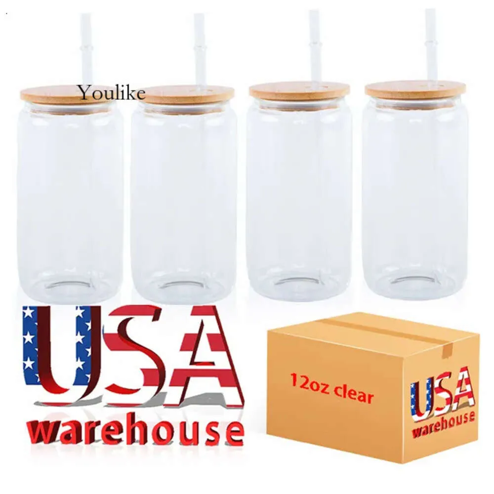 USA CA Warehouse 500ml 16oz klares transparentes Libbey Iced Coffee Bier Doppelbecher mit Bambusdeckel und Glas Stroh Sep05 0514 geformt