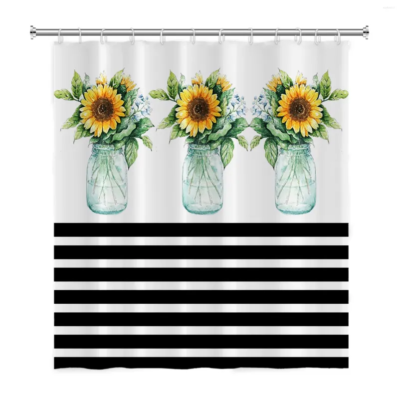 Rideaux de douche tournesol rayures noires et blanches de salle de bain rideau de salle de bain en polyester imperméable décor avec crochets