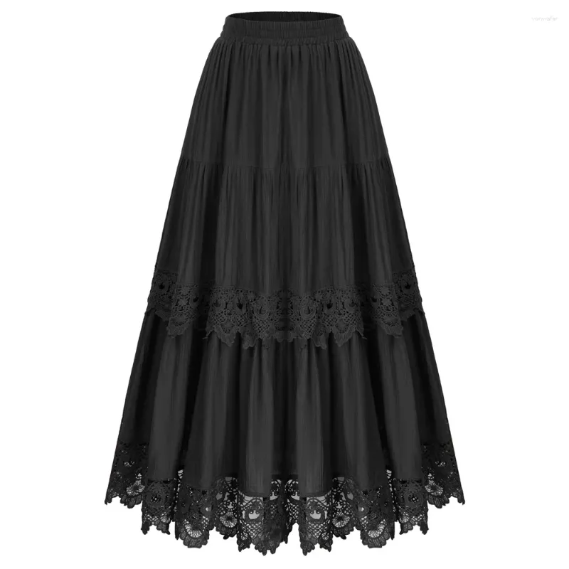 Jupes 2024 Femmes Vintage Renaissance dentelle gothique ourlet jupe à la taille élastique A-Line Maxi-Skirt Fashion Large Swing