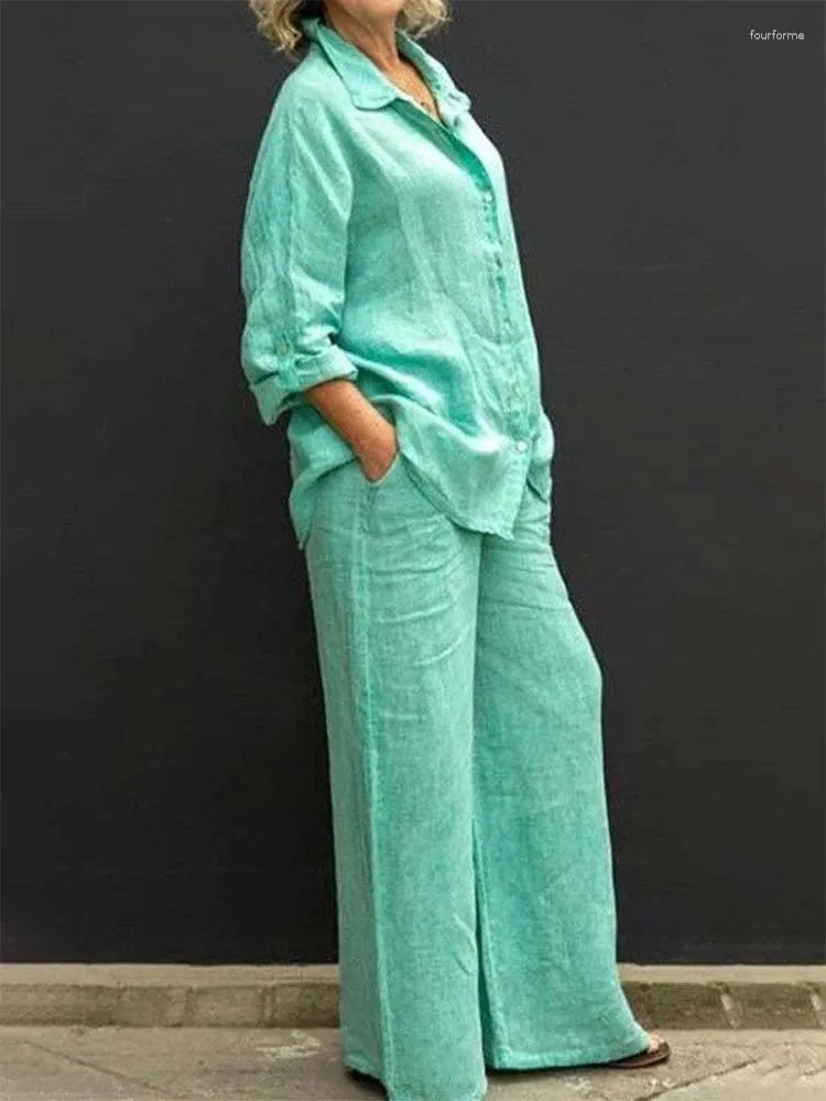 Calças de duas peças femininas Woman 2024 Casual Urban Suit de algodão linho de algodão Top e Pant Fashion Office Clothing Professional Clothing