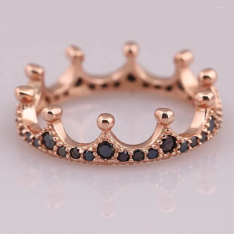 Cluster anneaux Rose Rente en cristal noir de la couronne noire pour les femmes Authentiques S925 Sterling Silver Lady Bijoux Girl Girl Gift