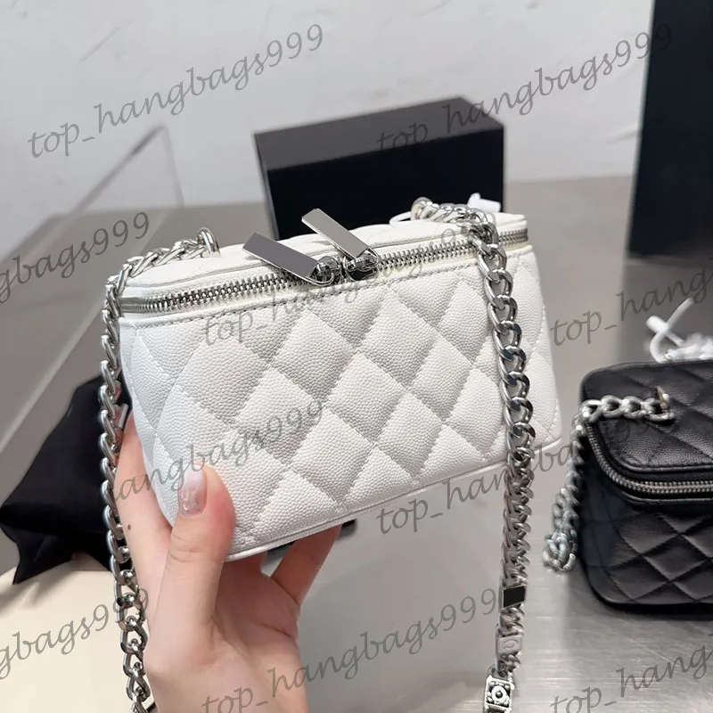 Womens Caviar Leather Classic Mini Makeup Vanity Box With Mirror Silver Chain Bags Calfskin Quilted Zipper Cosmetic Case Fanny Pack Crossbody Card Holder Purse 20cm