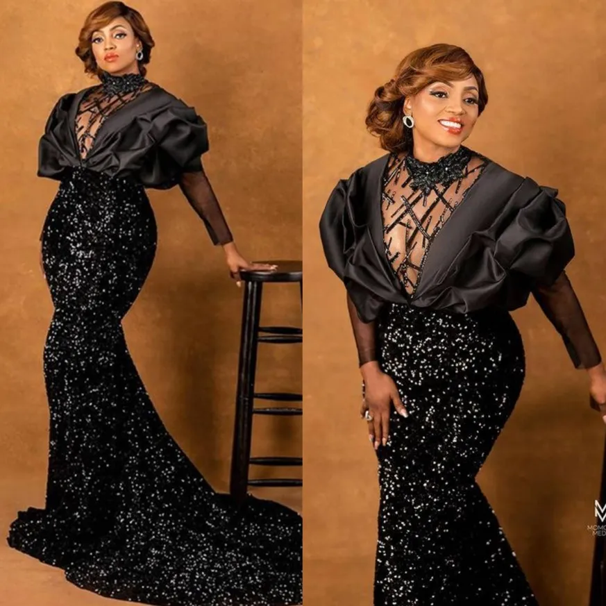 Aso ebi noire sirène robes de soirée formelles paillettes à paillettes 2022 arabe Dubaï Celebrity de célébrité robes de fête complètes Perles de manches complètes N 294p