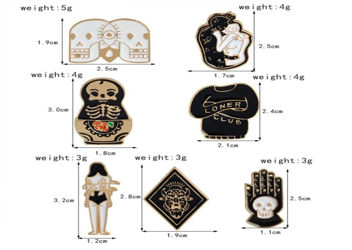 7pcsset Hard Enamel Pins Goth Punk Skull Bról Lapel Pin Halloween Pin Button Biżuter