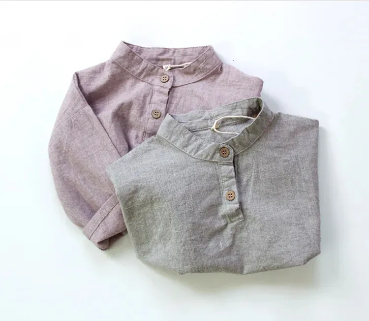 Leinen Tops Blusen für Jungen Baumwolle Leinenhemden reine Farbe koreanische Kinderhemden Hemden Stand-up-Kragen Kinder Langarm Tops 240512