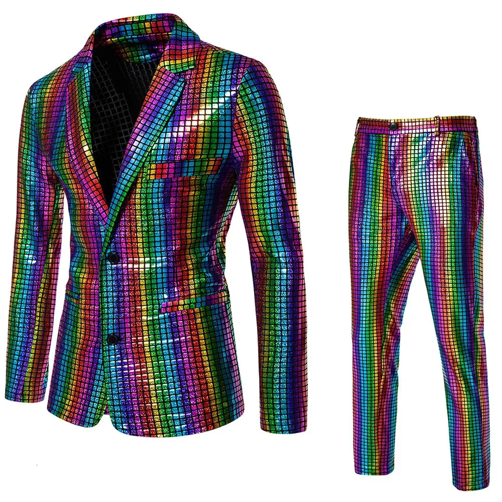 Fashionabla Mens Sequin Stamping Suit Disco Cosplay Party Stage Nightclub Shiny and Cool Performance Suit Set Size-3XL 240513