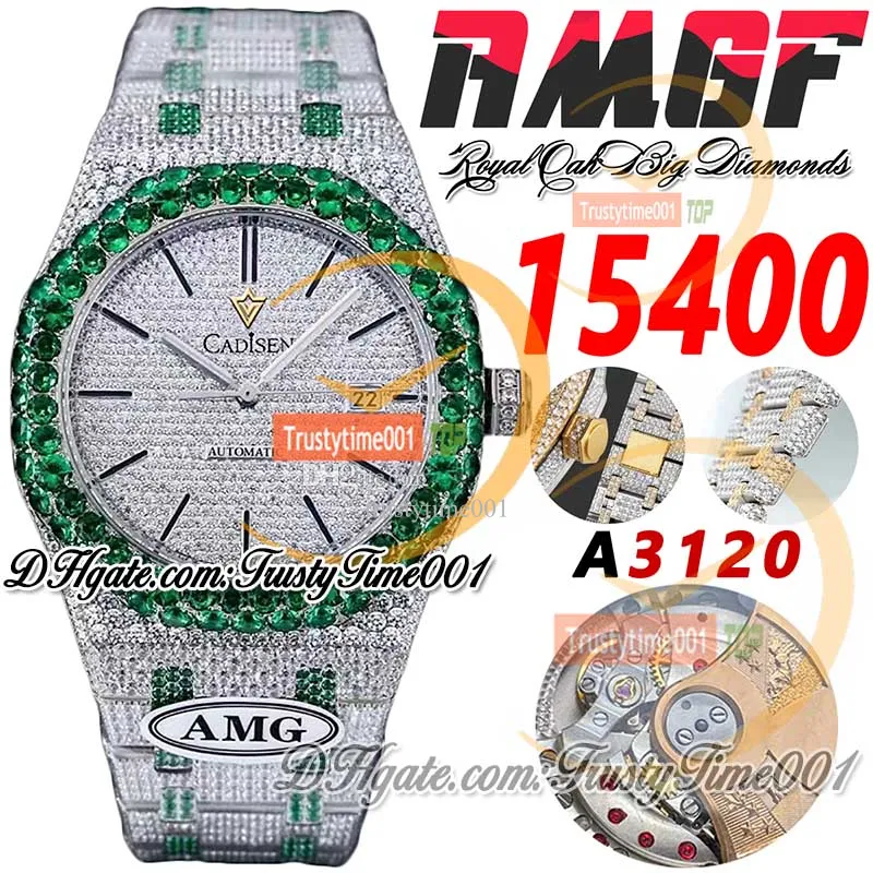 AMG 15400 A3120 Automatic Mens Watch Green Big Diamond Diamond Pavied Diamonds Diamants Stick Markers Bracelet Two Tone Super Edition TrustyTime001 Iced Out Full Watches