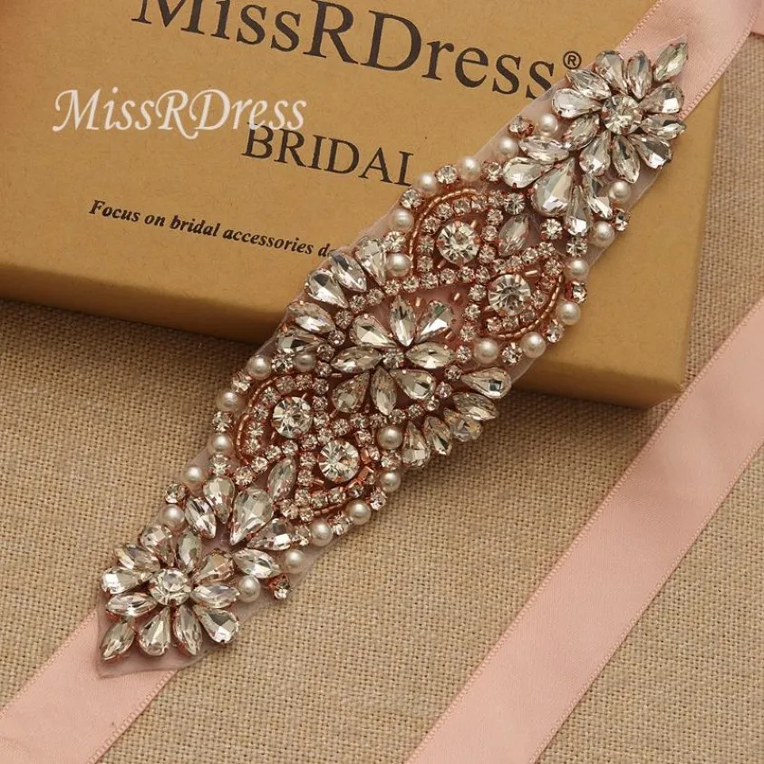 Saves de mariage missrdress strassons ceinture perles colorant rose rose gol Crystal Sash pour robe de soirée jk849 277r