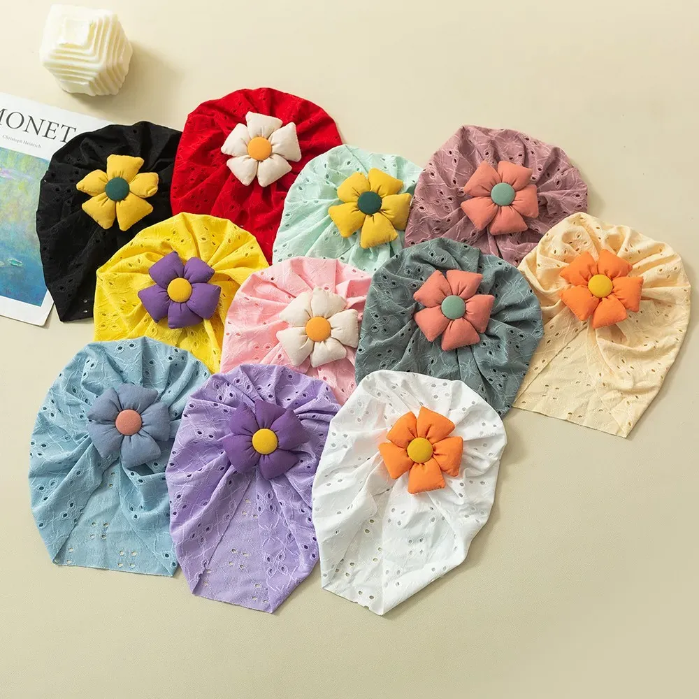 Baby Indian Caps Newborn Flower Hollow Out Hat Girls Turban Soft Cotton Breathable Head Wraps Kids Fontanel Caps Beanie Photography Props Hair Accessories
