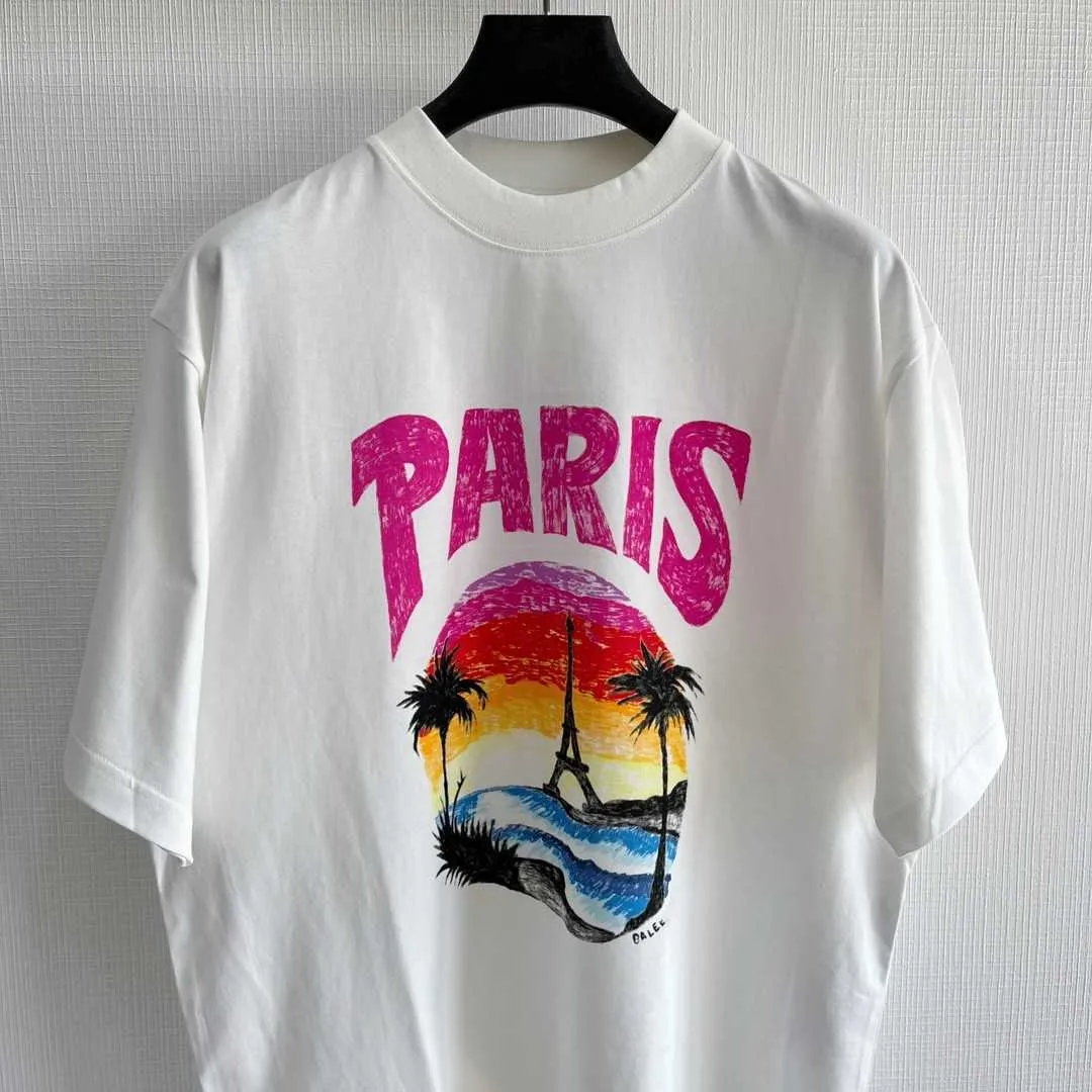 Version High B Family Sand Painting Sunset T-shirt Tower Paris avec tissu de coton respirant peigné Ajustement en vrac pour les hommes et les femmes