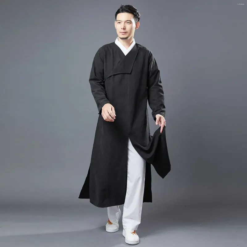 Etnische kleding Chinees verbeterde lang shirt vintage plaat gesp voor mannen traditionele tai ji suit vechtsportprestaties solide