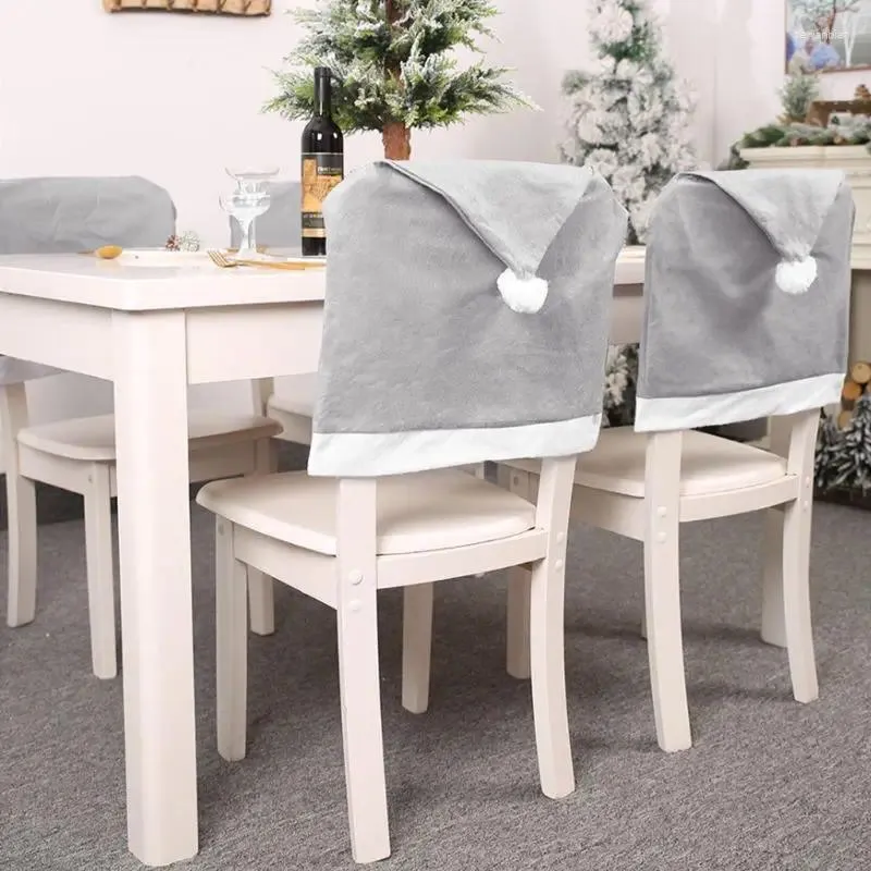 Chair Covers 4Pcs/Set Christmas Back Classic Gray Santa Claus Hat Non-Woven Fabric Slipcover With Pompom Ball Home