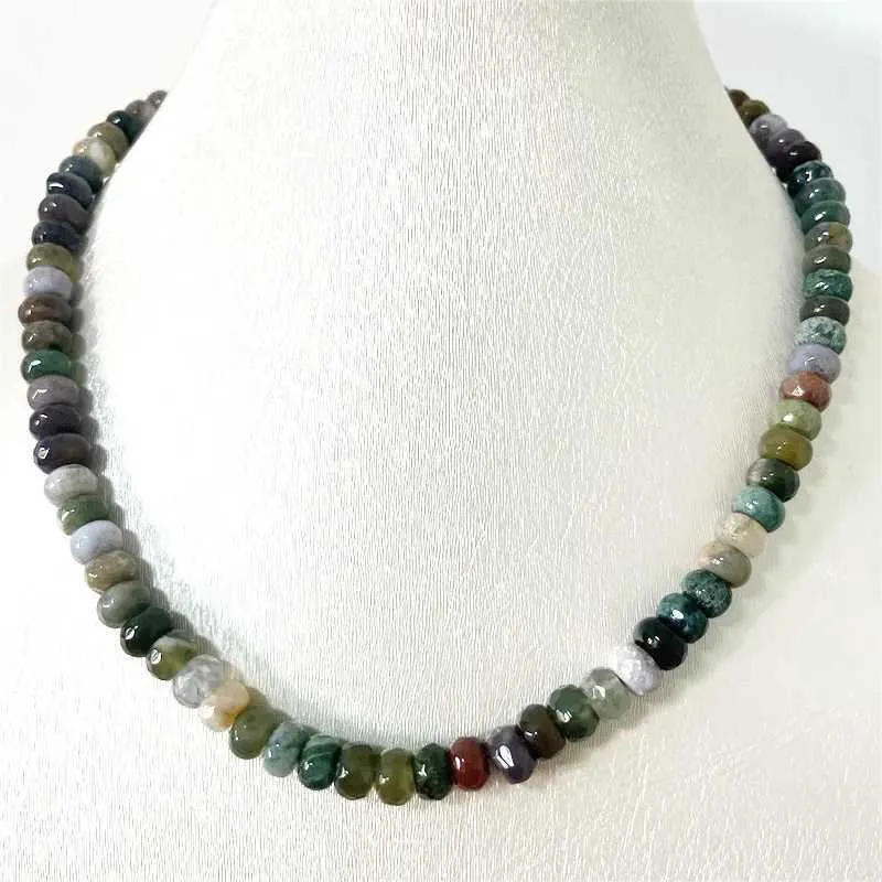 Colliers perlées 5 * 8 mm Moss Green Indian Agate Collier Natural Gemstone Plat Perle Water Pattern Jewelry D240514