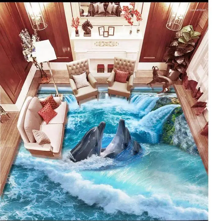 Wallpapers 3d Flooring Waterfall Dolphin Living Room Kitchen Floor Pvc Wallpaper Painting