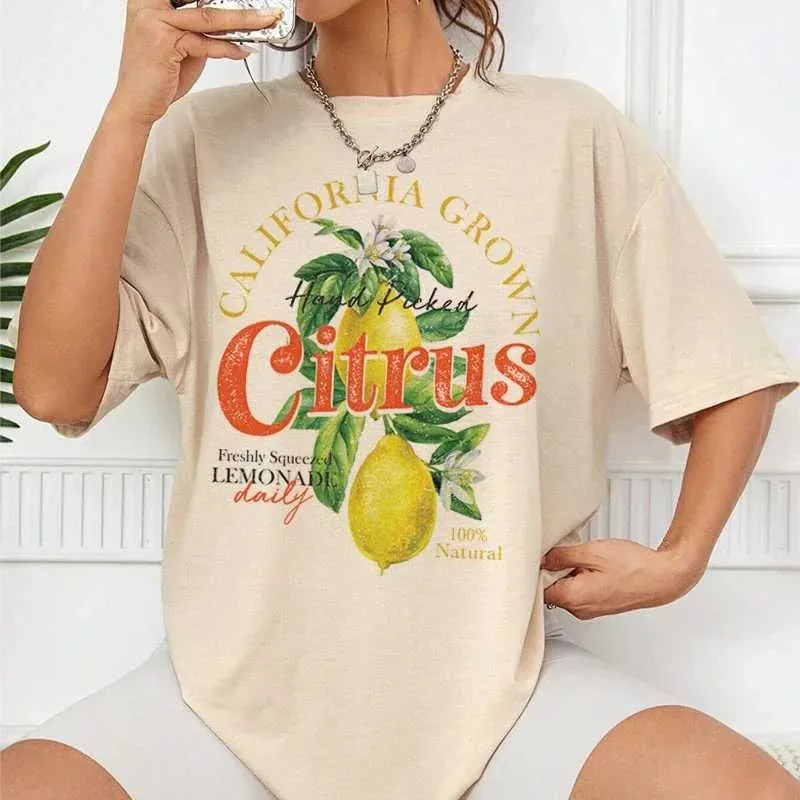 メンズTシャツ女性レトロ美学TシャツかわいいレモンフルーツTシャツショートSlveルーズボタニカルTシャツヴィンテージコッテコア服T240510