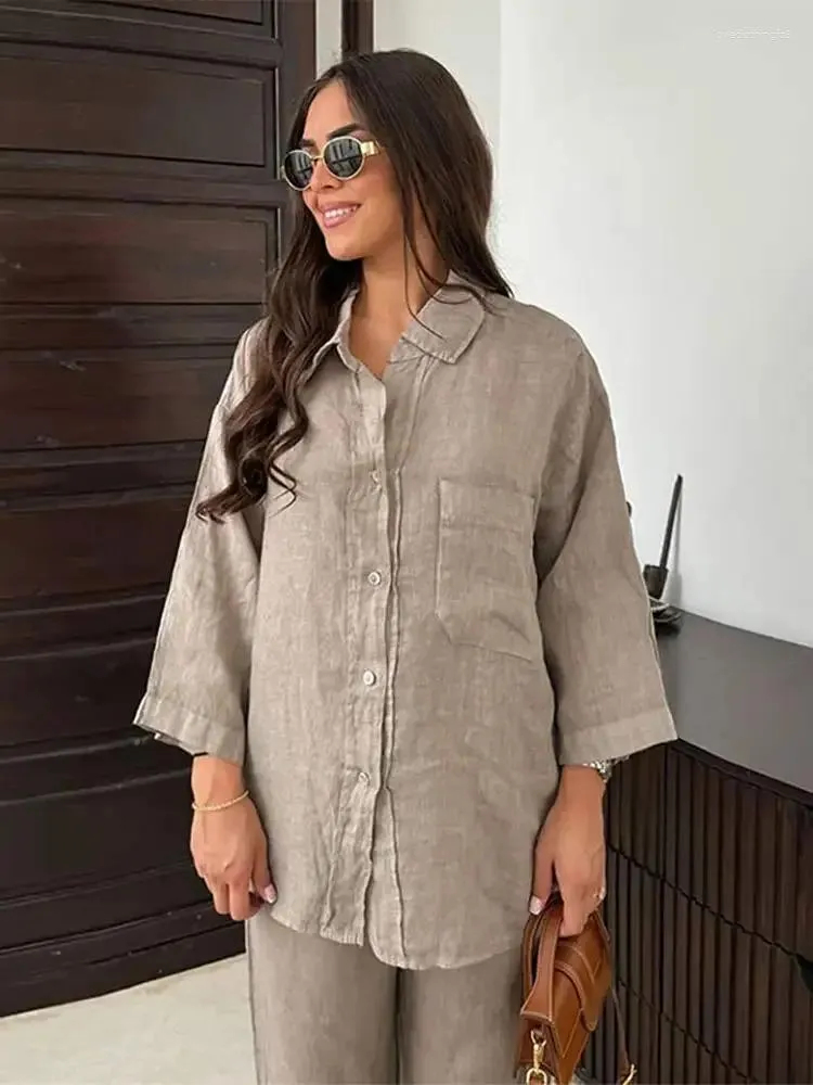 Women's Two Piece Pants Grey With Pocket Shirt Suits Women Causal Wide Leg Long Sleeves Sets 2024 Loose Highstreet 2 Outfits