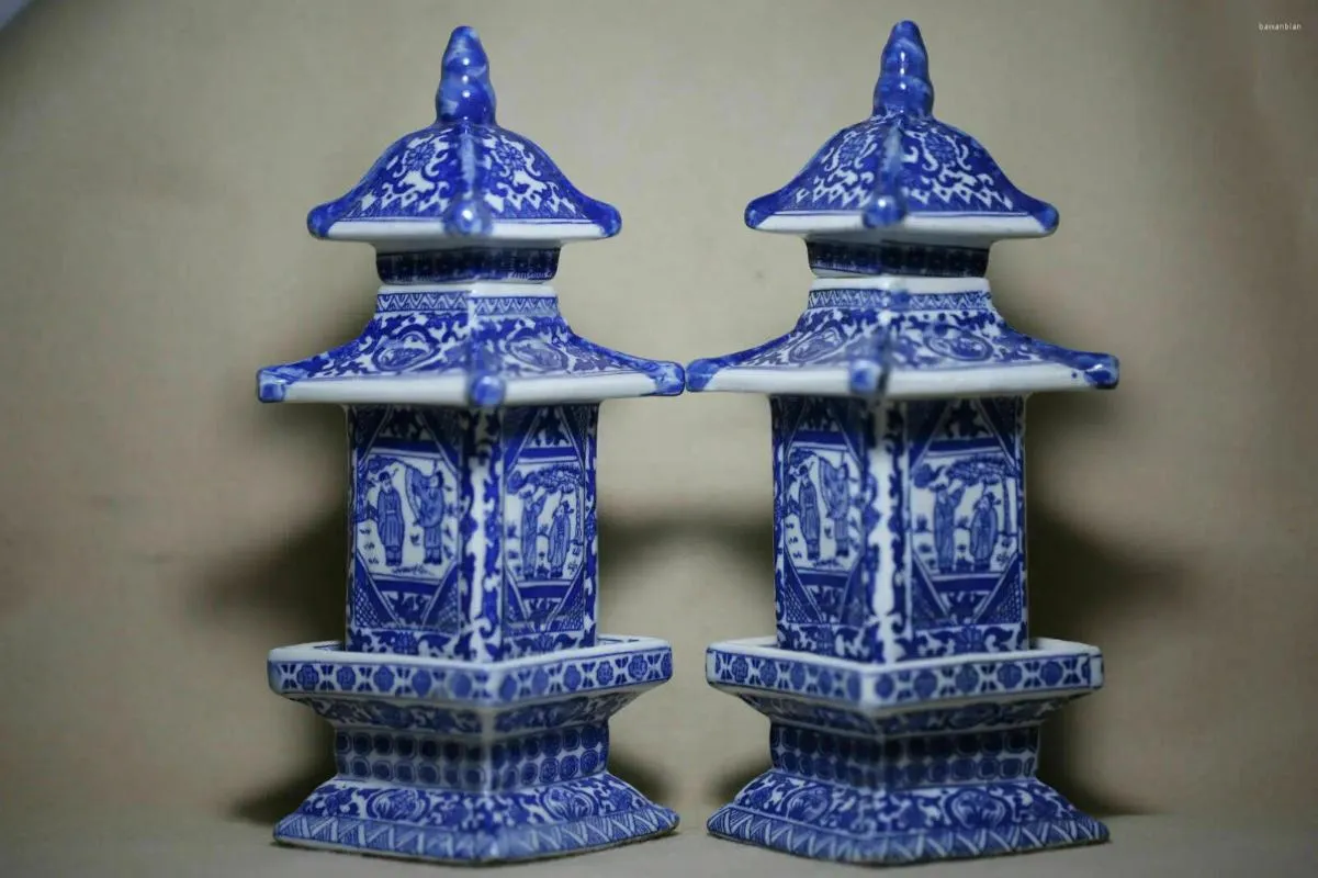 古代中国のアンティークブルーと白の磁器瓶パゴダ2PCS