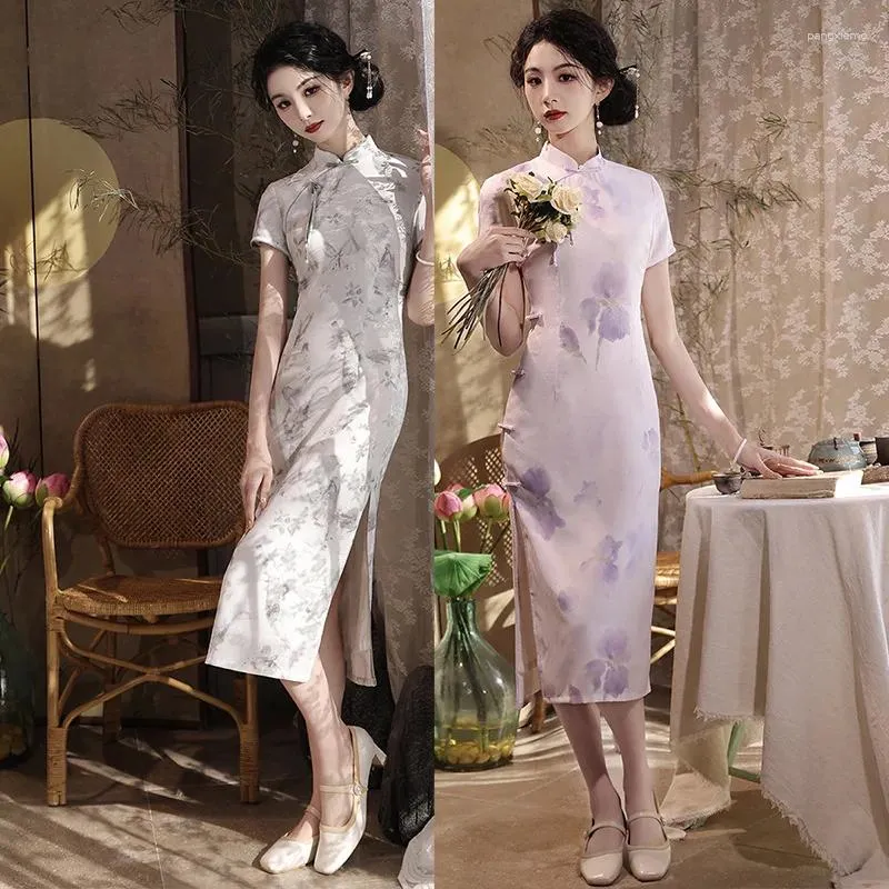 DHgate Floral Print Short Sleeve Cheongsam Dress Breathable Cotton Qipao for Women Apparel