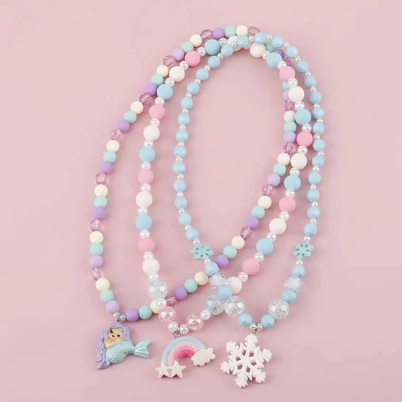 Beaded Necklaces Makersland Childrens Necklace Girl Snowflake Rainbow Pendant Beaded Necklace Cute Design Fashion Childrens Beads DIY Jewelry Gift d240514