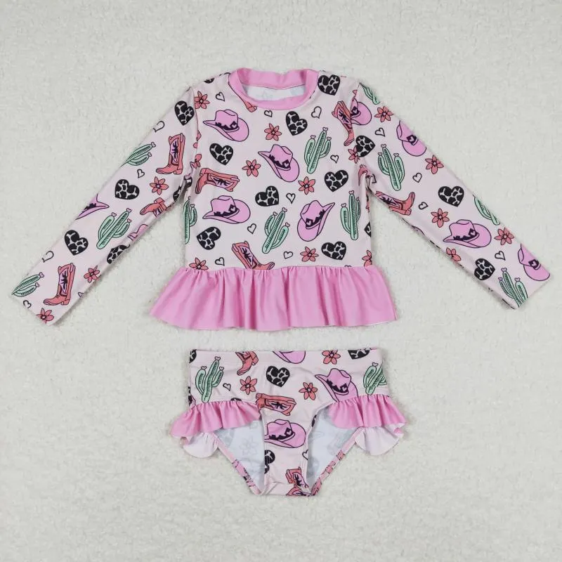 Clothing Sets S0262 Toddler Girls Clothes Cactus Flower Boots Pink Lace Jumpsuit Swmisuit Wholesale Summer Boutique For