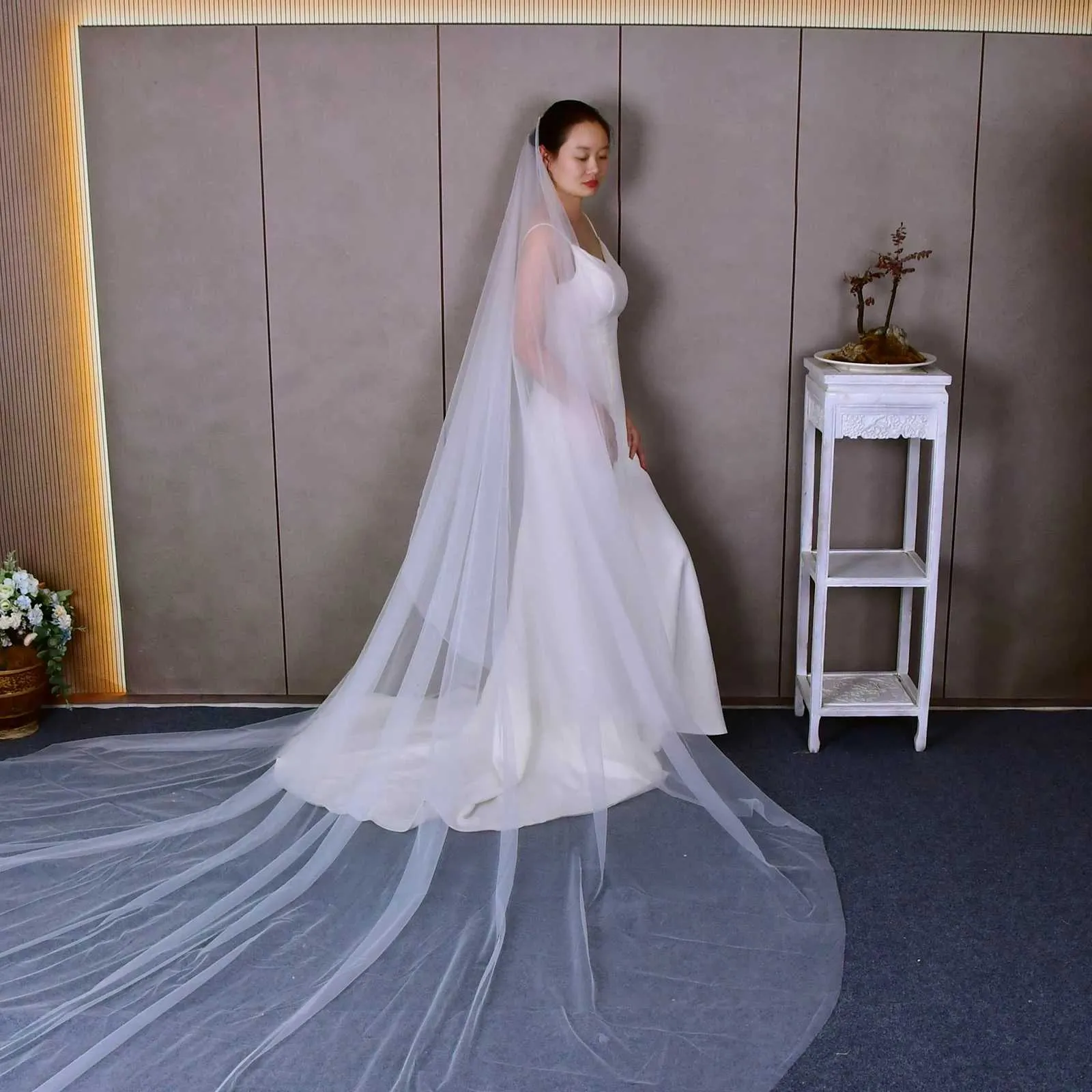 Bridal Veil 2 Tier Cathedral Wedding Veil With Blusher Face Drop_voghion.com