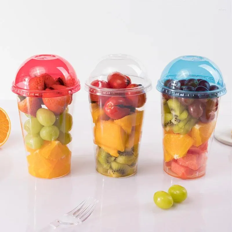 Copas descartáveis falhas 20pcs de alta qualidade plástico dura transparente 500 ml de suco de gente de xícara de frutas grossas sobremesa de sorvete com tampa