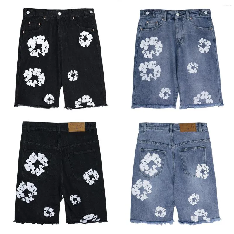 Men's Jeans High Street Denim Short Men Women Flower Graffiti Washed Shorts Vintage Loose Straight Breeches Pants Summer Streetwear