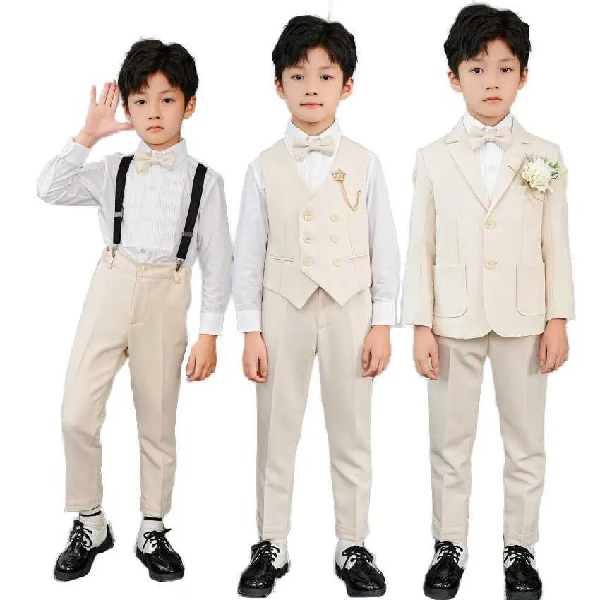 Vêtements Ensembles pour enfants beige formel Set garçons de mariage Party Piano Performance Robe Childrens Veste Pantalon Bow Vêtements T240513