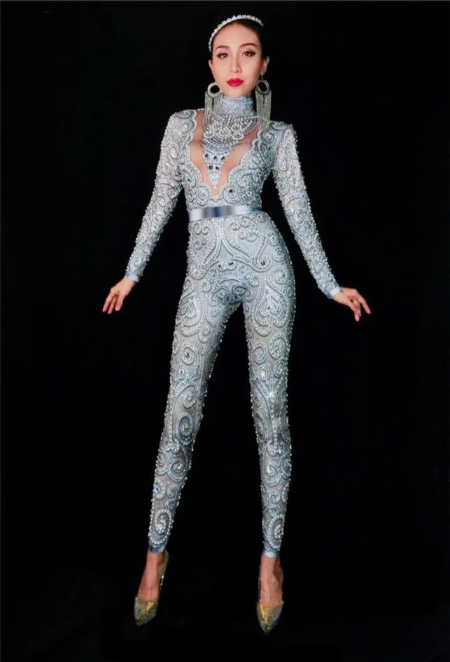 S65 Ballroom Dance Costumes Silvery Grey Rhinestones Pearls Jumpsuit Catwalk Cloth Bling Crystals Bodysuit Party Catwalk Performa7909116