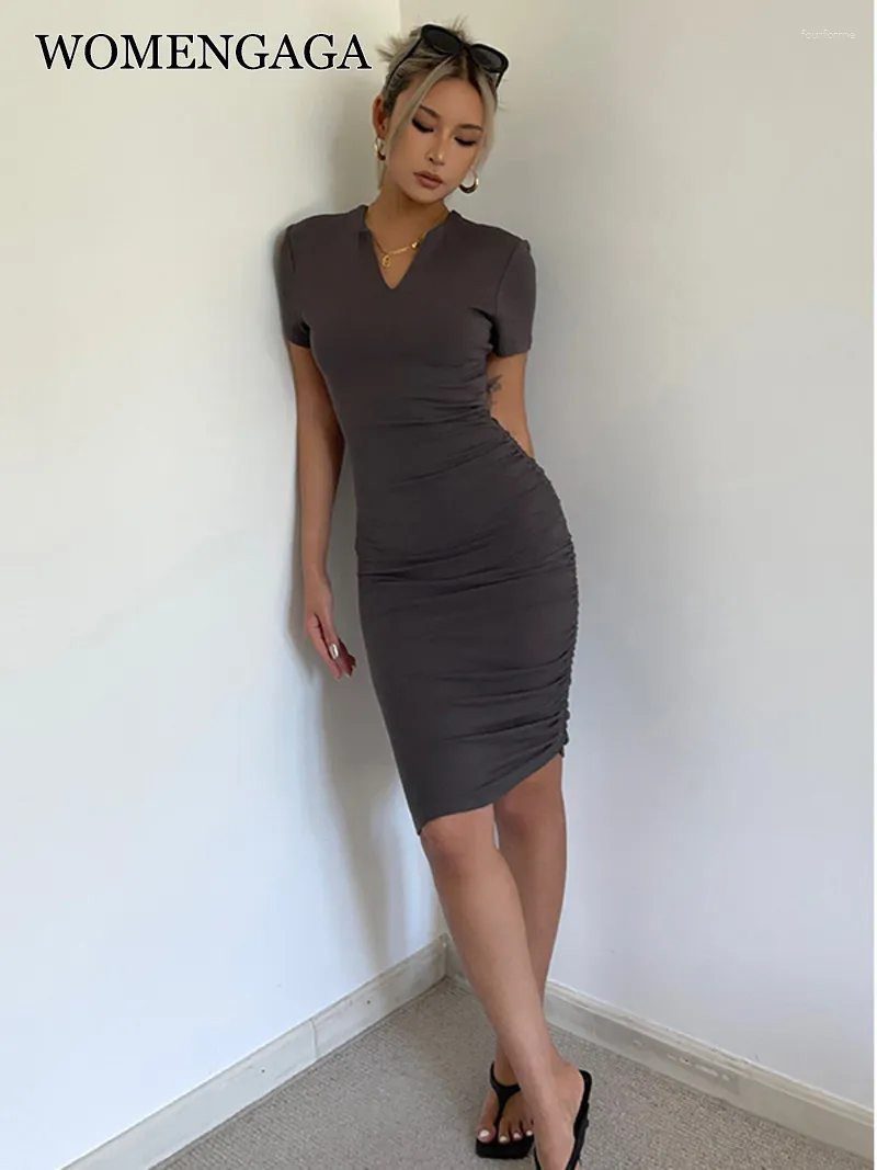 Party Dresses Sexy WOMENGAGA Brown V-neck Knitted Short Sleeved High-end T Shirt Dress Women Pleated Tight Elegant Korean Style GTV6