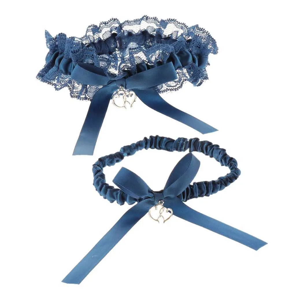 2pcs Wedding Bridal Bowknot Heart Lace Garter Throwaway Toss Leg Blue