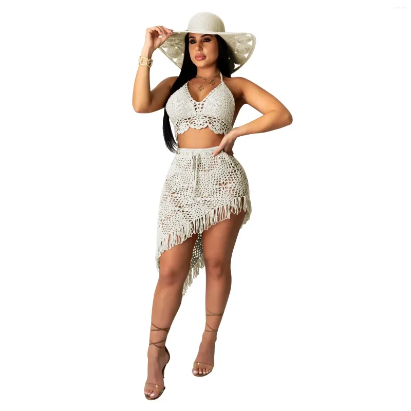 Summer Beach Sexy Sexy 2 pièces Crochet Set Cover Up Women Hollow Out Bra Top et Tassel Mini Jirts Maillots de bain UPS