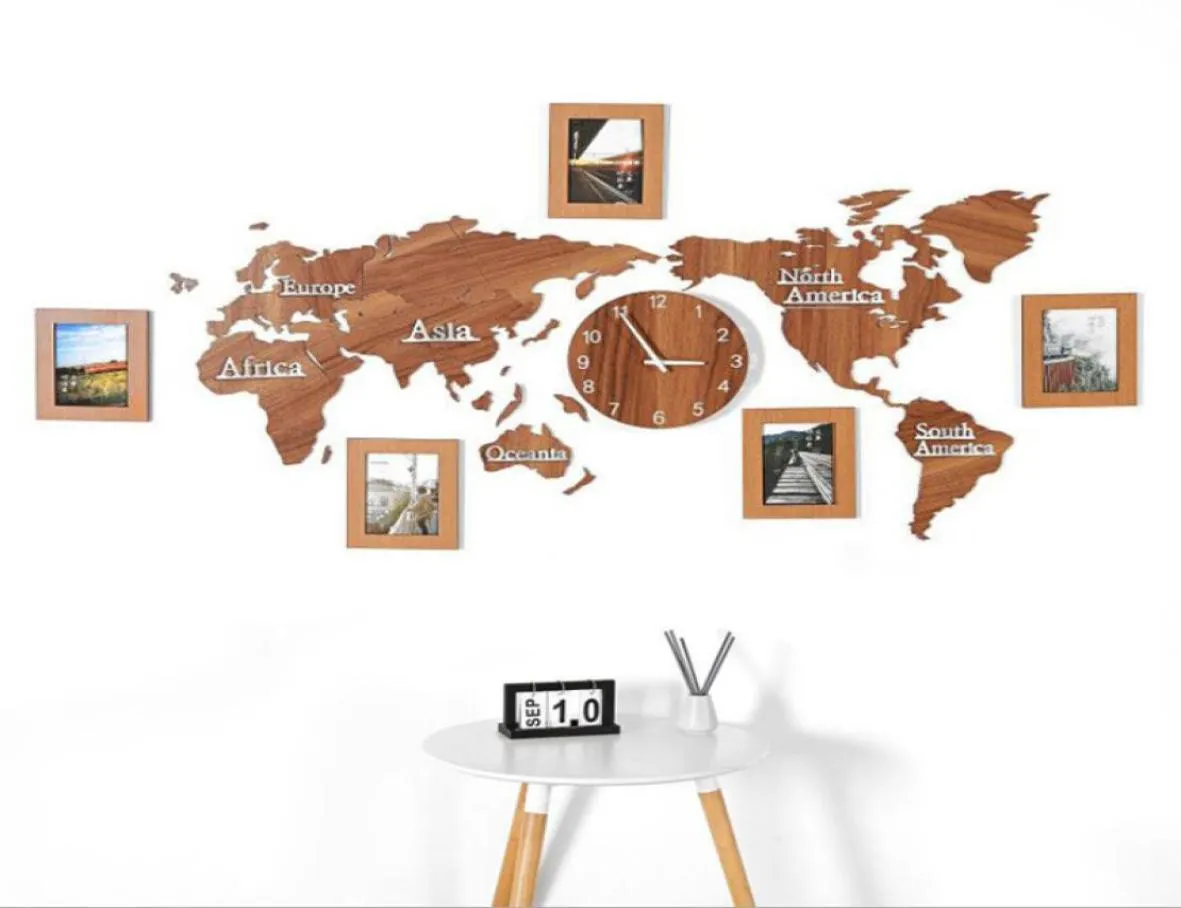 Créative Wood World Map Clock Wall With 3 Pieces PO Cadre 3D Carte décorative DÉCOR DÉCORD HOME SOIR MODERNE EUROPHERE ROUN1656502