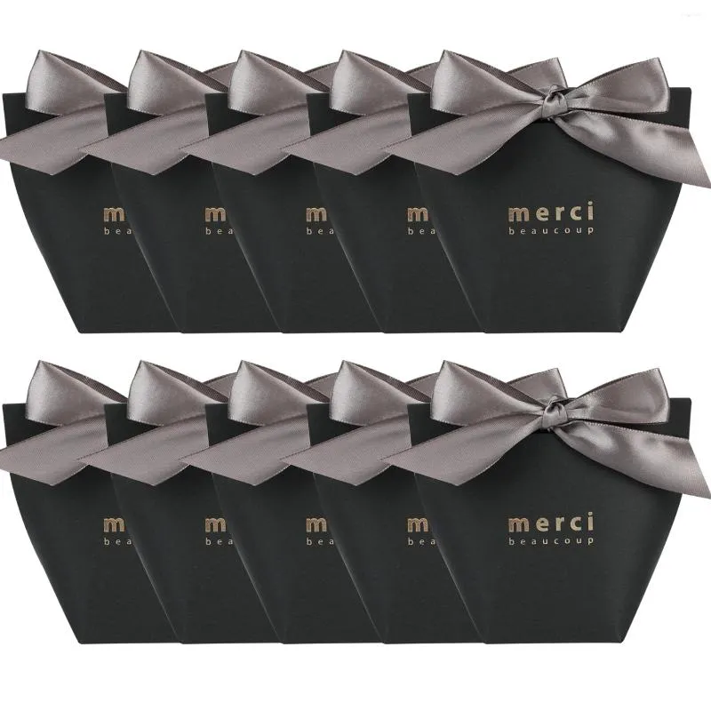 Gift Wrap 10Pcs Wedding Black Candy Boxes Paper Cases Snack Wrapping Box With Grey Ribbons For 2024 Party Favors Supplies