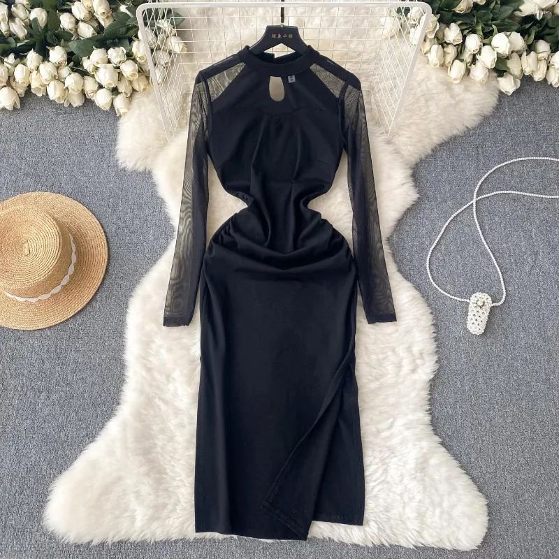 Casual jurken schuimlina elegante vrouwen zwarte lente herfstjurk sexy transparant mesh lange mouw slanke bodycon zijkant split midi party robe