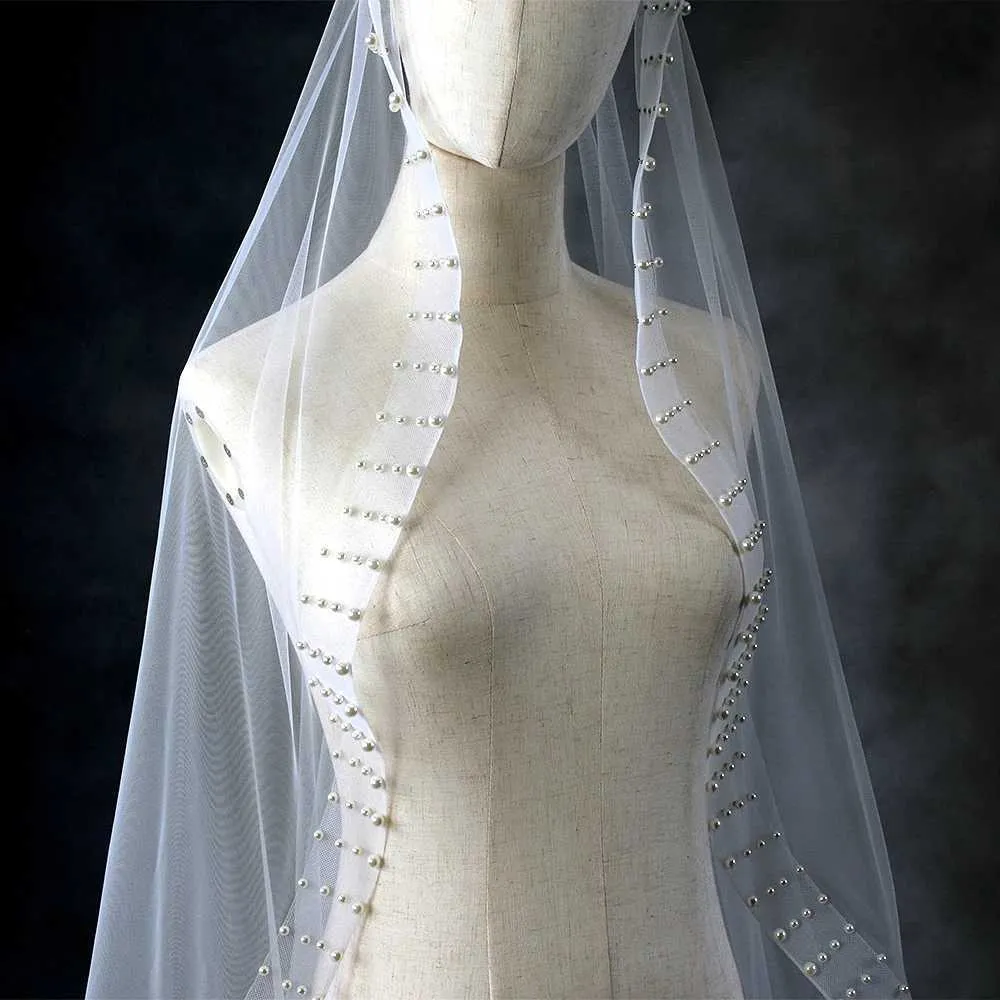 Hårsmykker Perlekant Lange Katedral Brudeslør 1 Lag med Kam Organza Perlebesatte Brudekjoler Tilbehør VP92_voghion.com