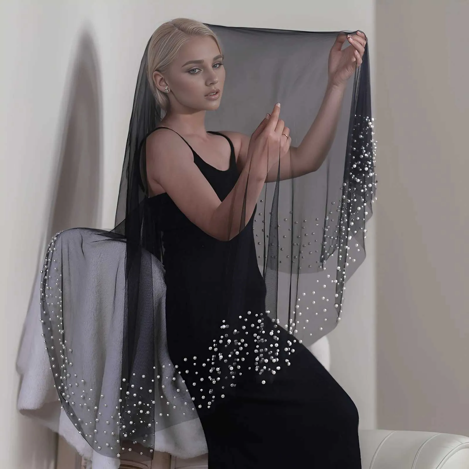 Šperky do vlasov, perly, svadobné závoje, visiaci štýl, korálkový závoj bez hrebeňa, zakrývajúci tvár, čierne svadobné šaty, doplnky V228_voghion.com