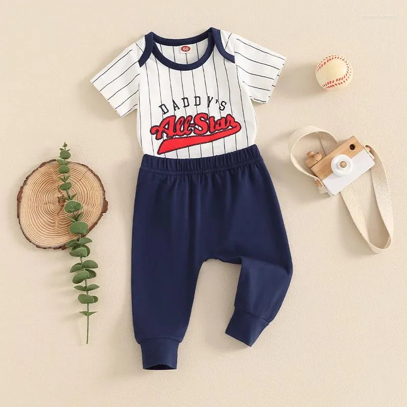 Ensembles de vêtements pour bébé garçons 2 pièces lettres rayées lettres imprimées à manches courtes avec un pantalon de baseball en été