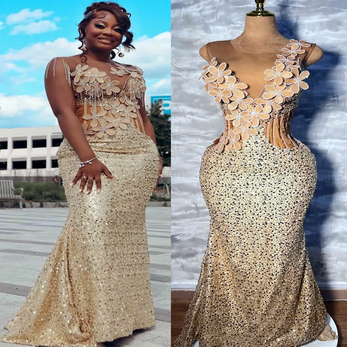 Aso Ebi 2024 Gold Mermaid Prom Dresses Florals Crystals Sequined Evening Party Formal Second Reception Birthday Enagement PromDress Gowns LF039