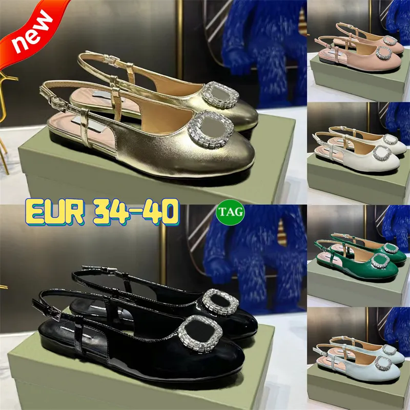 Luxus Frauen Designer Sandalen Metallic Gold Weiß schwarzes dunkelhellgrünes Aprikosen Patentrutschen niedrige Absatzschuhe Doppelkristall -Logo Ballerinas Ballette flache Sandale