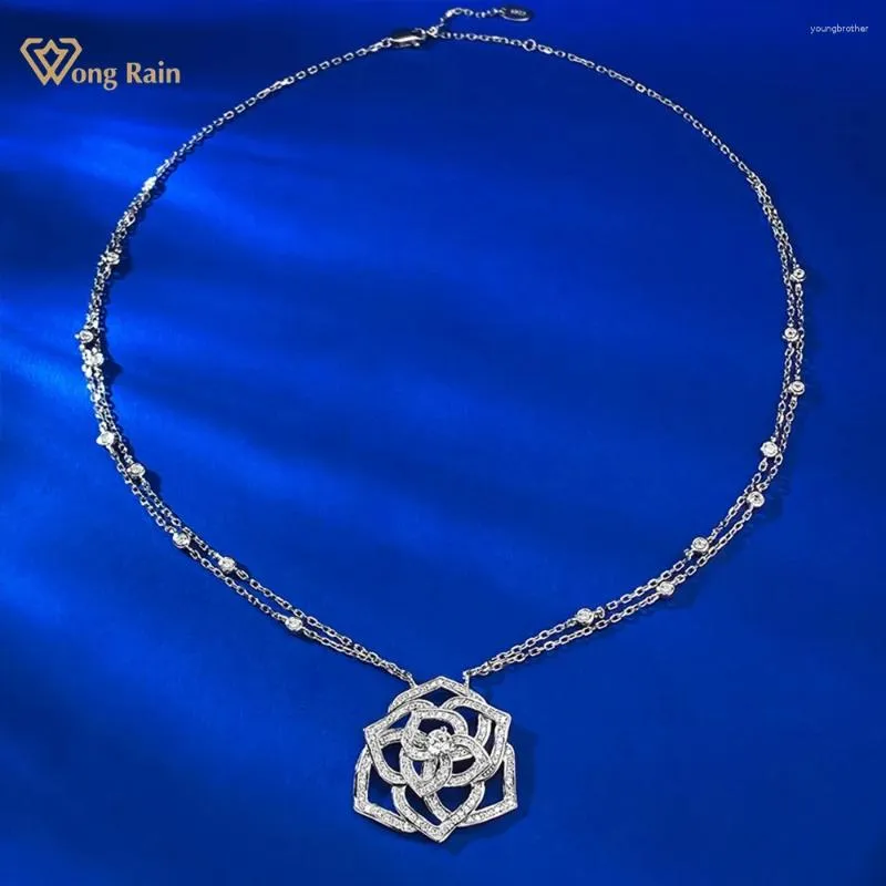 Hängen Wong Rain 925 Sterling Silver Lab Sapphire Gemstone Romantic Flower Pendant Halsband för kvinnors smycken Jubileumsgåvor
