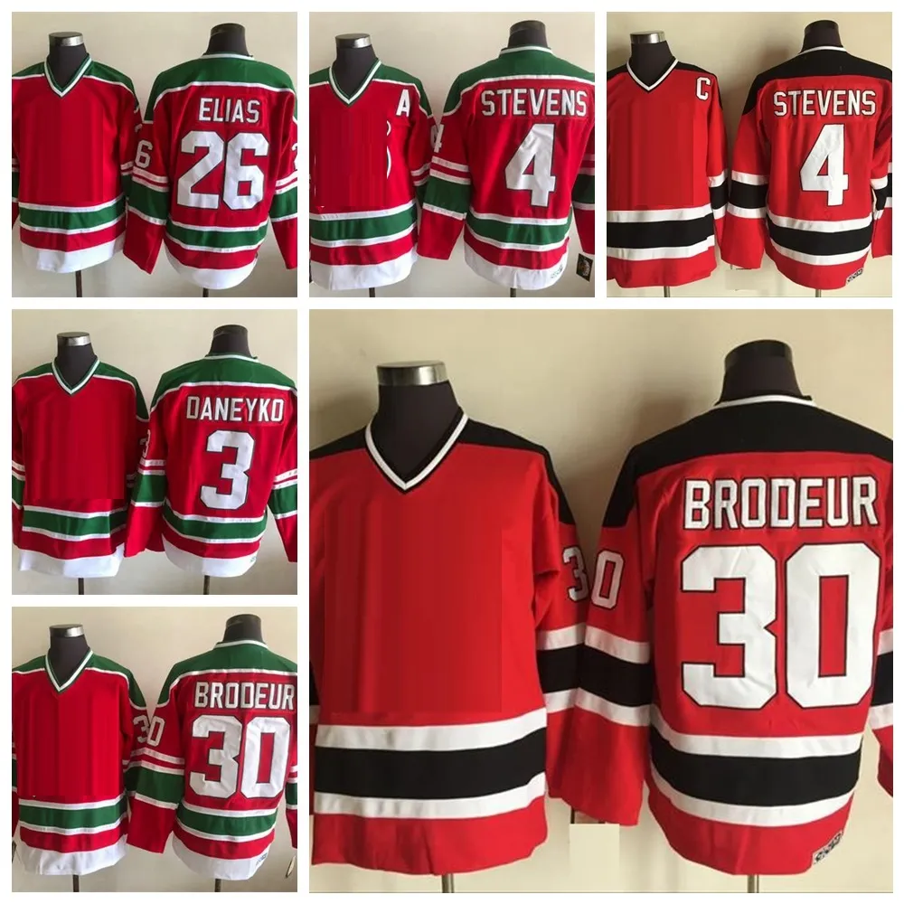 Men s Vintage New Jersey Devils 4 Scott Stevens 30 Martin Brodeur 26 Patrik Elias 3 Ken Daneyko Red Stitched Hockey Jersey