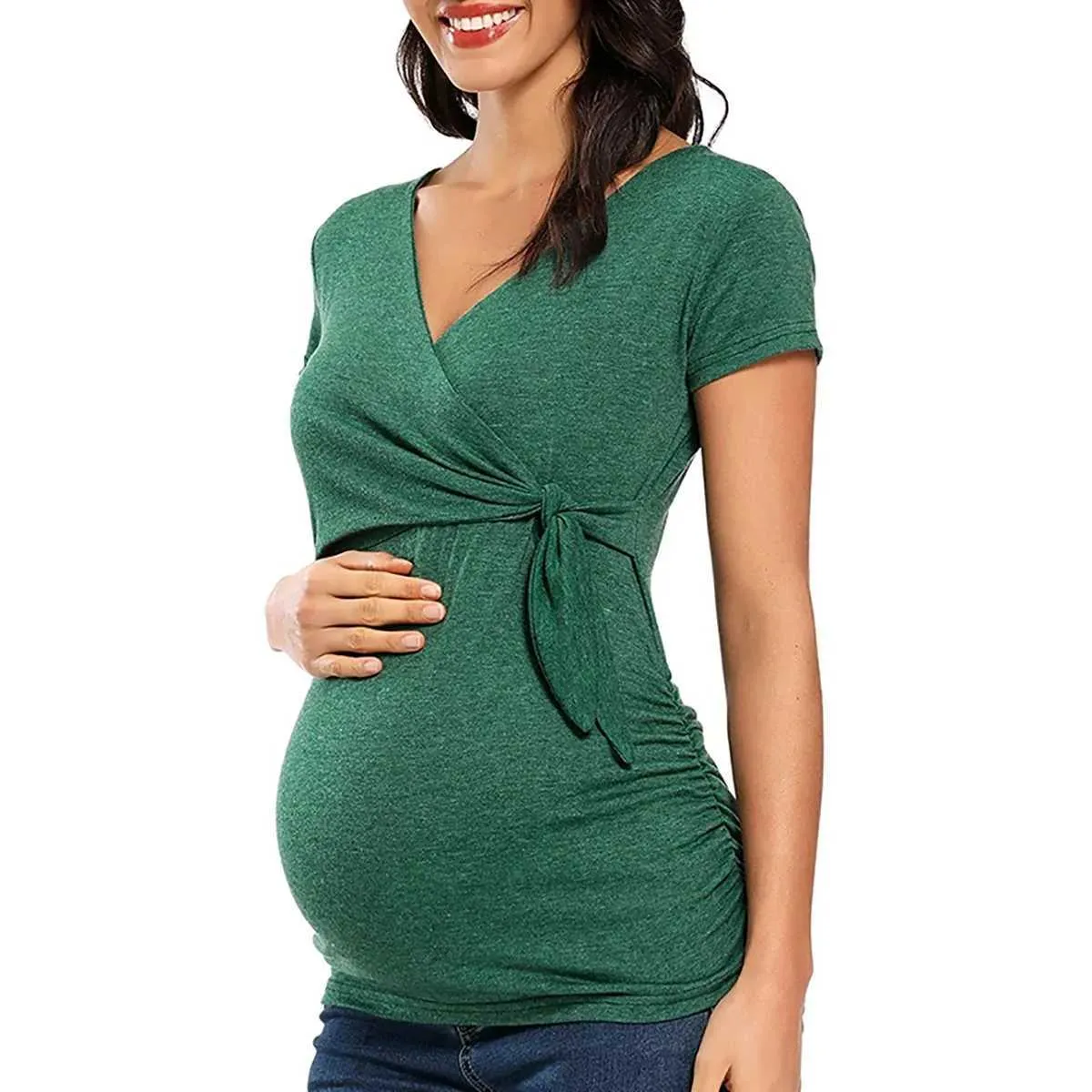Maternity Dresses Maternity Wear Short-sleeved T-shirts Maternity Wear Summer Tops Breastfeeding V-neck Sexy Tops Pregnant Women Breastfeeding T240509