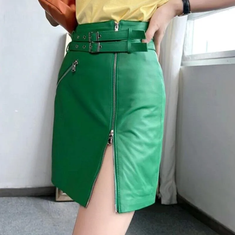 Jupes printemps mini jupe en cuir verte double ceinture divisée glissière à glissière moto high street short Jupe sud-coréen a-line sexy saia
