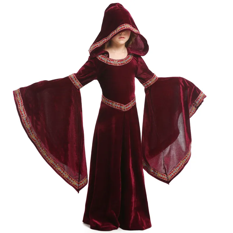 Halloween Medieval Hooded Child Girls Queen Vampire Dress Costume