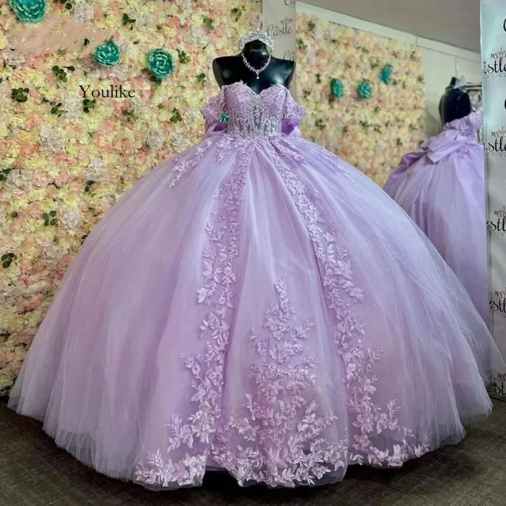 Vestidos Elegant de 15 Anos Lilac Quinceanera Dresses 2024 Lace Applique Sequin Off Offersed Sweet 16 Prom Gowns 0514