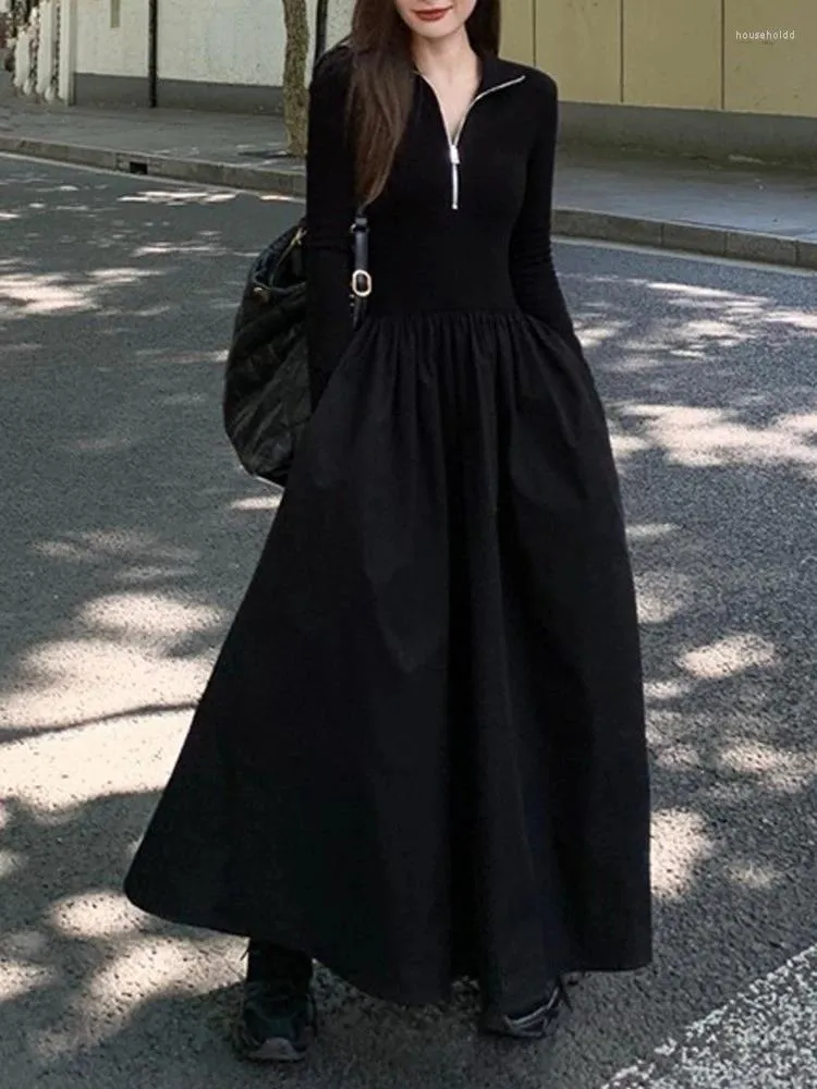 فساتين غير رسمية الخريف شتاء النساء عتيقة فستان أسود متآكل أنيقة أنيقة صلبة من السترة مضلعة على الخط