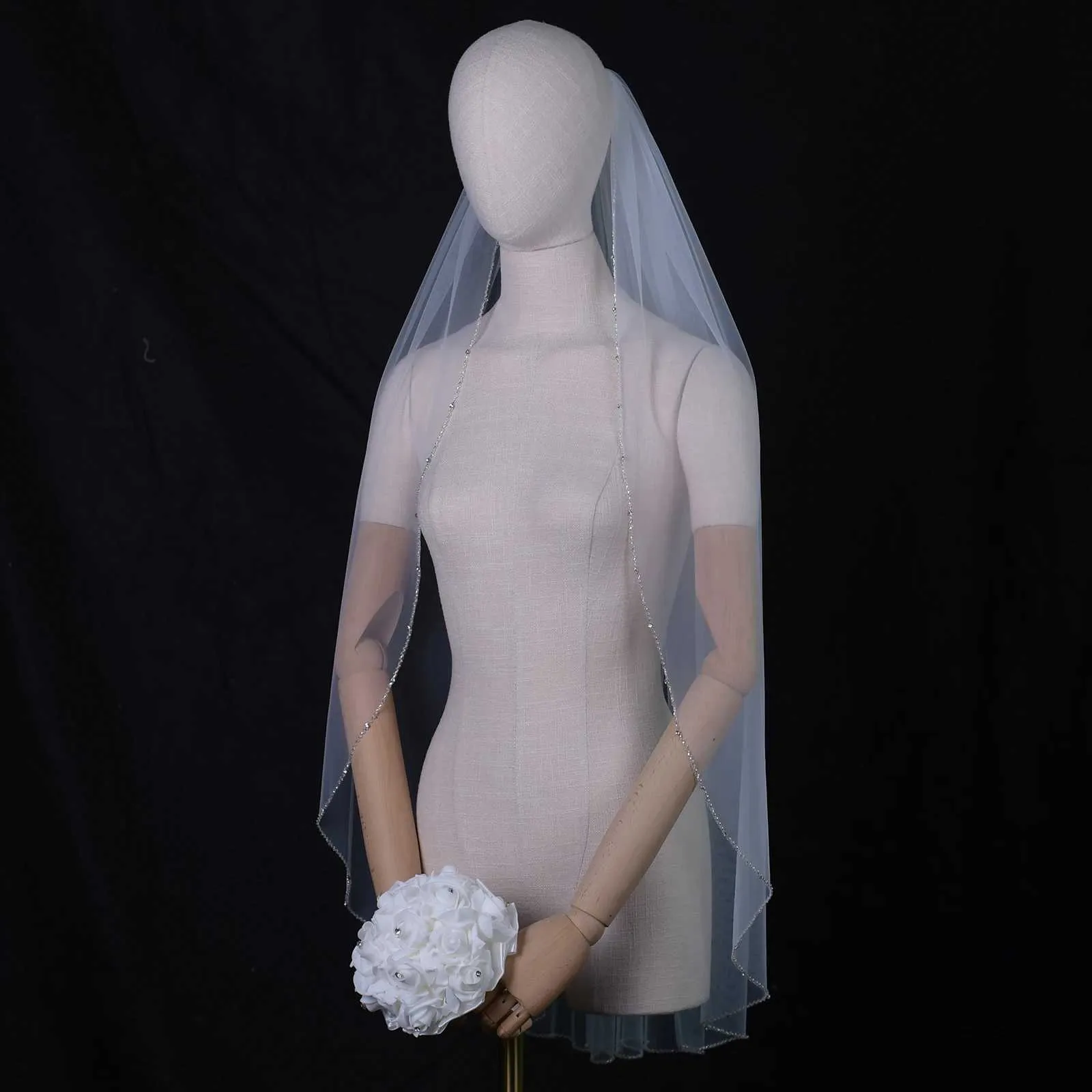 Haarschmuck Brautschleier Kristallperlen 1-stufig Hochzeitsschleier Strass Perlenbesatz Weicher Tüll mit Kamm Kathedrale_voghion.com