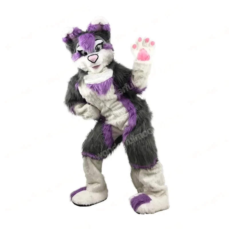 2024 PRESTATION Purple Gray Fox Dog Husky Mascot Costumes Cartoon Carnival Hallowen Performance Unisex Fancy Games Outfit Outdoor Advertising Outfit Suit