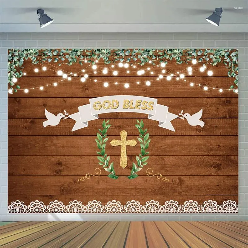 Dekoracja imprezy zielone liście drewniana ściana chrztu komunia